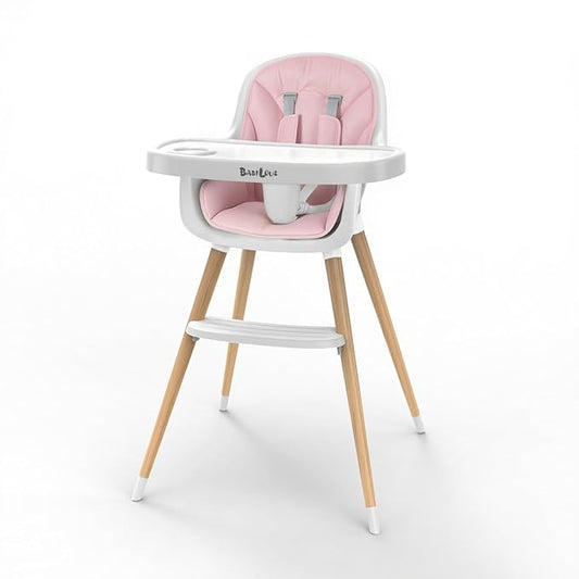 Baby High Chair, Wooden Highchair with Removable Tray, Adjustable Legs, Cushion, 5-Point Harness and Footrest for Infants, Baby, Toddlers, Pink