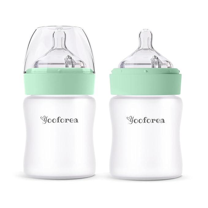 Yooforea Silicone Coated Glass Baby Bottle, 2M+ Medium Flow Nipple I Anti-Colic, Wide Neck, Stable Base I Medical-Grade Silicone Coating for Shatter Protection, BPA BPS PVC Free (2 Pack, 5 Ounce-Tea)