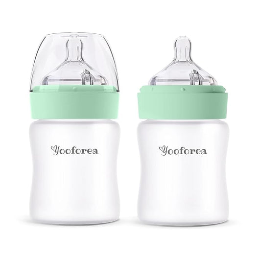 Yooforea Silicone Coated Glass Baby Bottle, 2M+ Medium Flow Nipple I Anti-Colic, Wide Neck, Stable Base I Medical-Grade Silicone Coating for Shatter Protection, BPA BPS PVC Free (2 Pack, 5 Ounce-Tea)