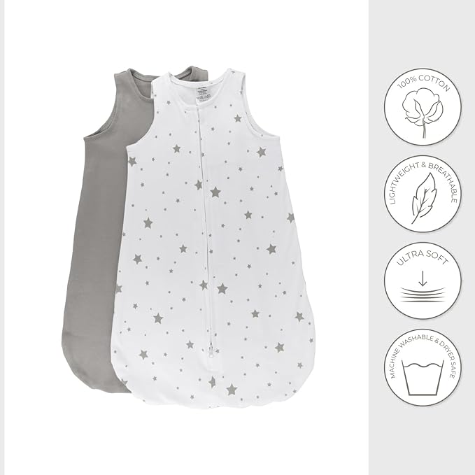 Baby Wearable Blanket - Baby Sleep Sack 100% Cotton - Sleep Sack 6-12 Months - Comfy Soft Lightweight, 2-Pack Set Gender Neutral Grey