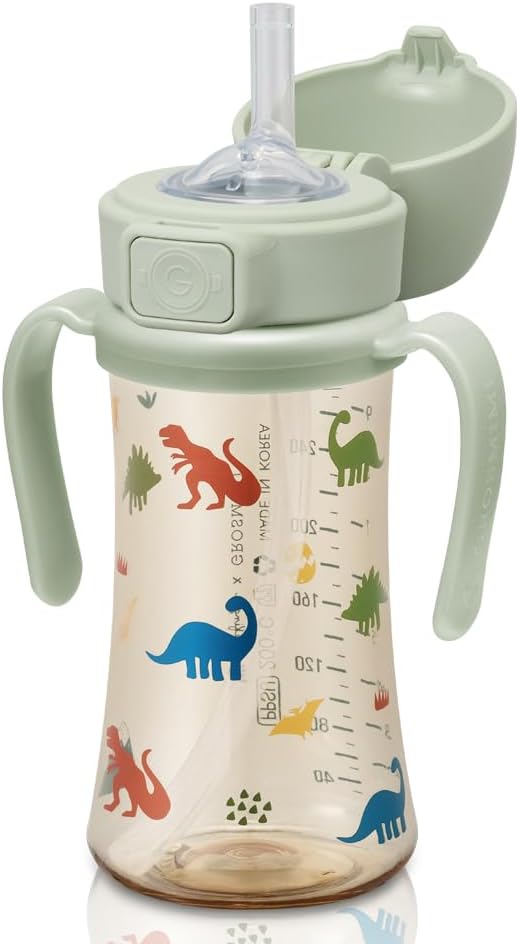 GROSMIMI Flip Top Spill Proof Sippy Cup, PPSU, BPA Free, 10 oz, Stage 2 Straw for Toddlers (Dinosaur)