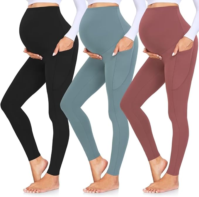GROTEEN 3 Pack Women's Maternity Leggings with Pockets Over The Belly Workout Yoga Pregnancy Pants