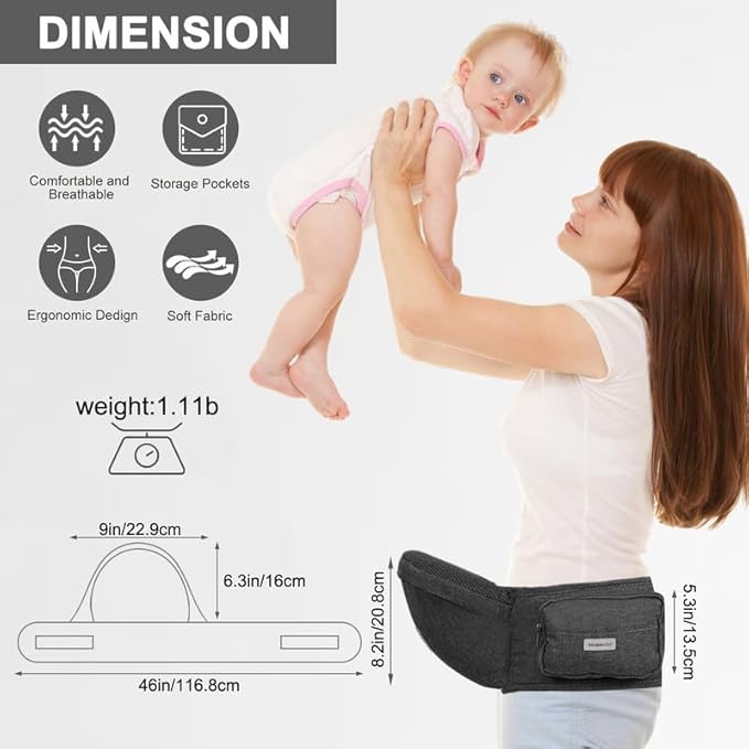 Baby Hip Carrier, Hip Seat Baby Carrierwith Adjustable Waistband, Ergonomic No-Slipped Seat, Breathable Materials for Newborns to Toddlers（Black