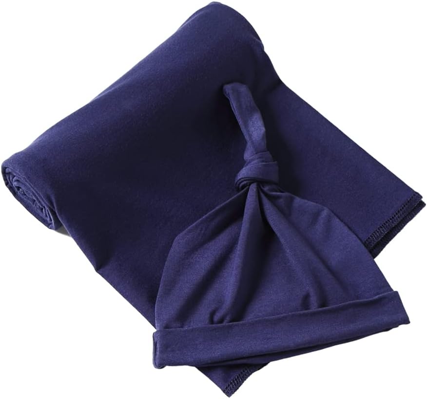 iEvolve Cotton Knitted Baby Swaddle Blanket with Hat Headband Set Newborn Swaddle Wrap Receiving Blankets for Baby Girl Boy 35" x 35"(Navyblue)