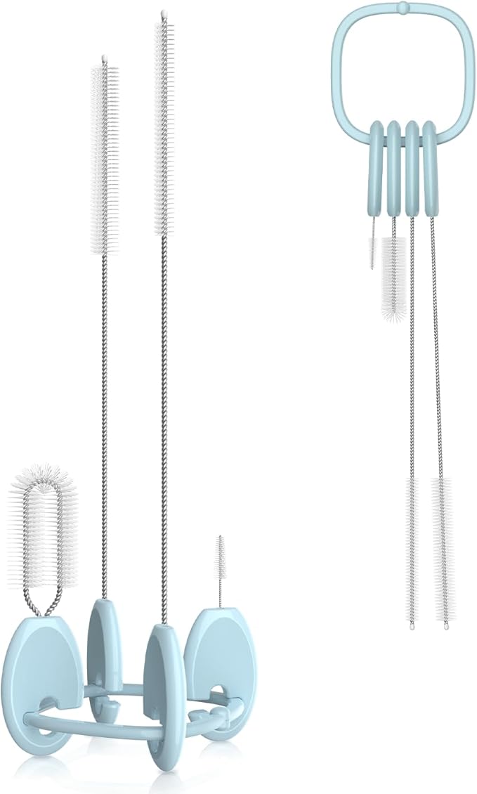 YOTIME Standing Straw Cleaner Brush Set, 4in1 Reusable Straw Brushes with Holder Ring, for Wide and Narrow Straws, Tumblers, Water Bottles and Cups, Blue