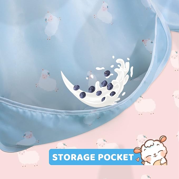 Little Dimsum Baby Bib with Pocket Waterproof Toddler Bibs Infant Feeding Bibs for Boys and Girls, Pack of 2 Colors