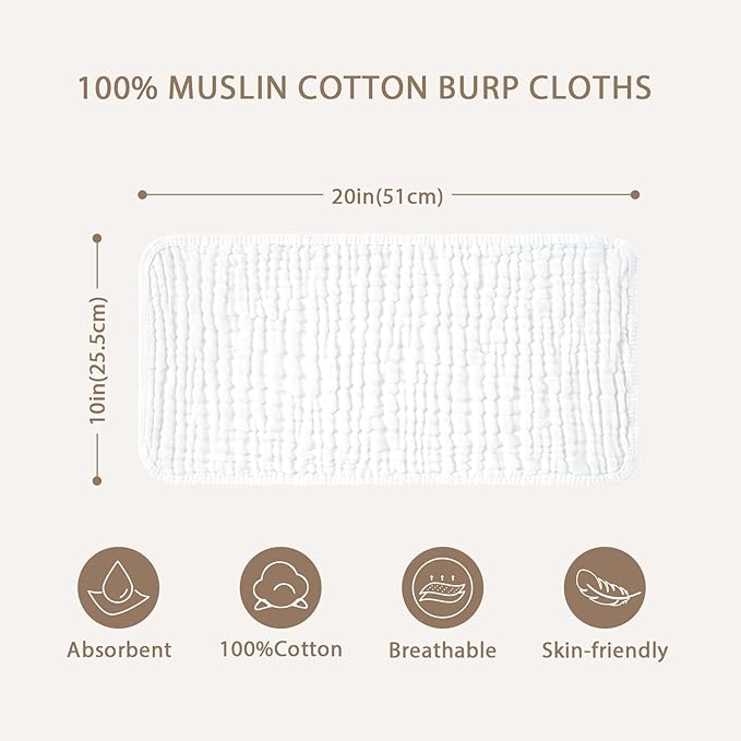 Yoofoss Muslin Burp Cloths for Baby 10 Pack 100% Organic Cotton Baby Washcloths for Boys Girls Large 20''X10'' Super Soft and Absorbent White