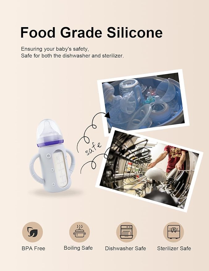 ZCH 4-Pack Silicone Sleeves for Lansinoh Glass Bottles, BPA-Free Drop-Resistant Baby Bottle Sleeves with Handles, Compatible with Lansinoh Anti-Colic Glass Baby Bottles (5 oz)