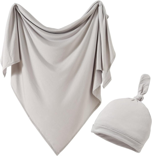 iEvolve Cotton Knitted Baby Swaddle Blanket with Hat Headband Set Newborn Swaddle Wrap Receiving Blankets for Baby Girl Boy 45" x 45"(Grey)