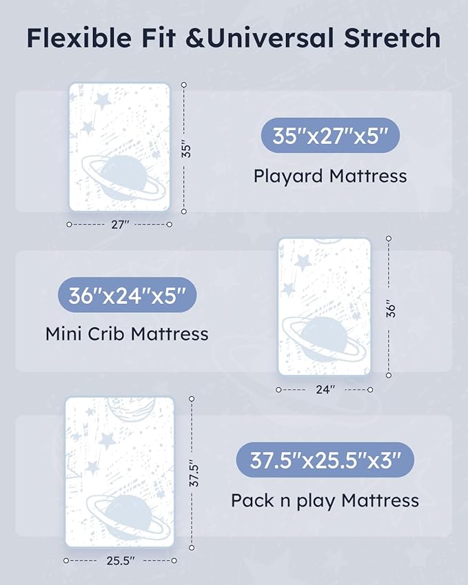 Pack and Play Sheets Fitted 3 Pack, Mini Crib Sheets for Pack N Play Mattress Stretchy Portable Playard Sheets, Soft Breathable Blue Gray Planet