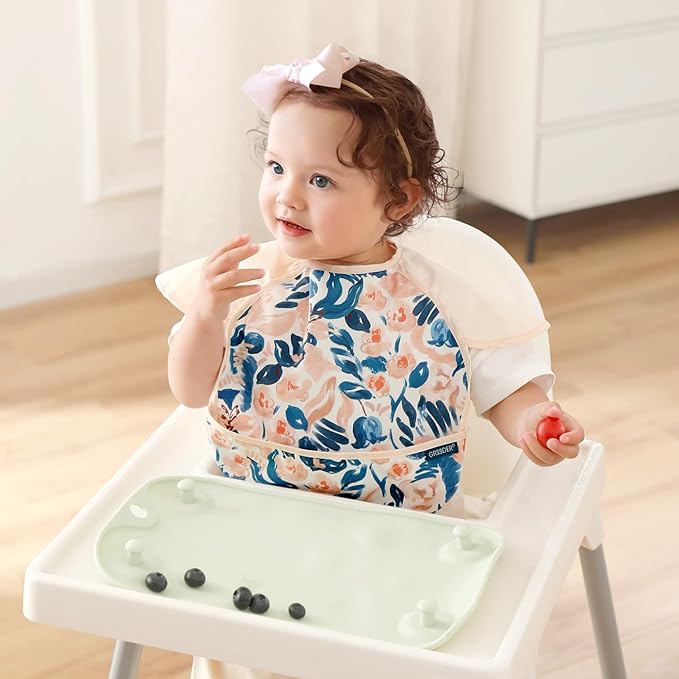 GRSSDER Soft Lightweight Waterproof Baby Feeding Bibs with Food Catcher Pocket, Adjustable and Easy Clean Wipe Off Toddler Bibs 3 Packs for 6-36 Months