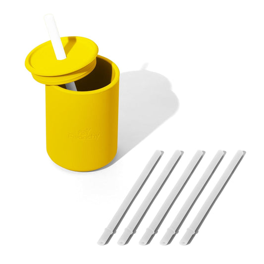 Avanchy Silicone Training Sippy Cup with Straw Lid – For Babies 6+ Months to Toddlers 1 Year Old – 8 oz Infant Water Cup for Baby Led Weaning, Yellow + 5 Reusable Straws