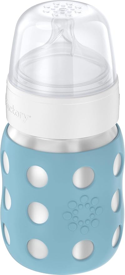 Lifefactory 8-Ounce Stainless-Steel Vacuum-Insulated Wide-Neck Baby Bottle with Stage 2 Nipple (3-6 Months) Denim, LS2211WDE4