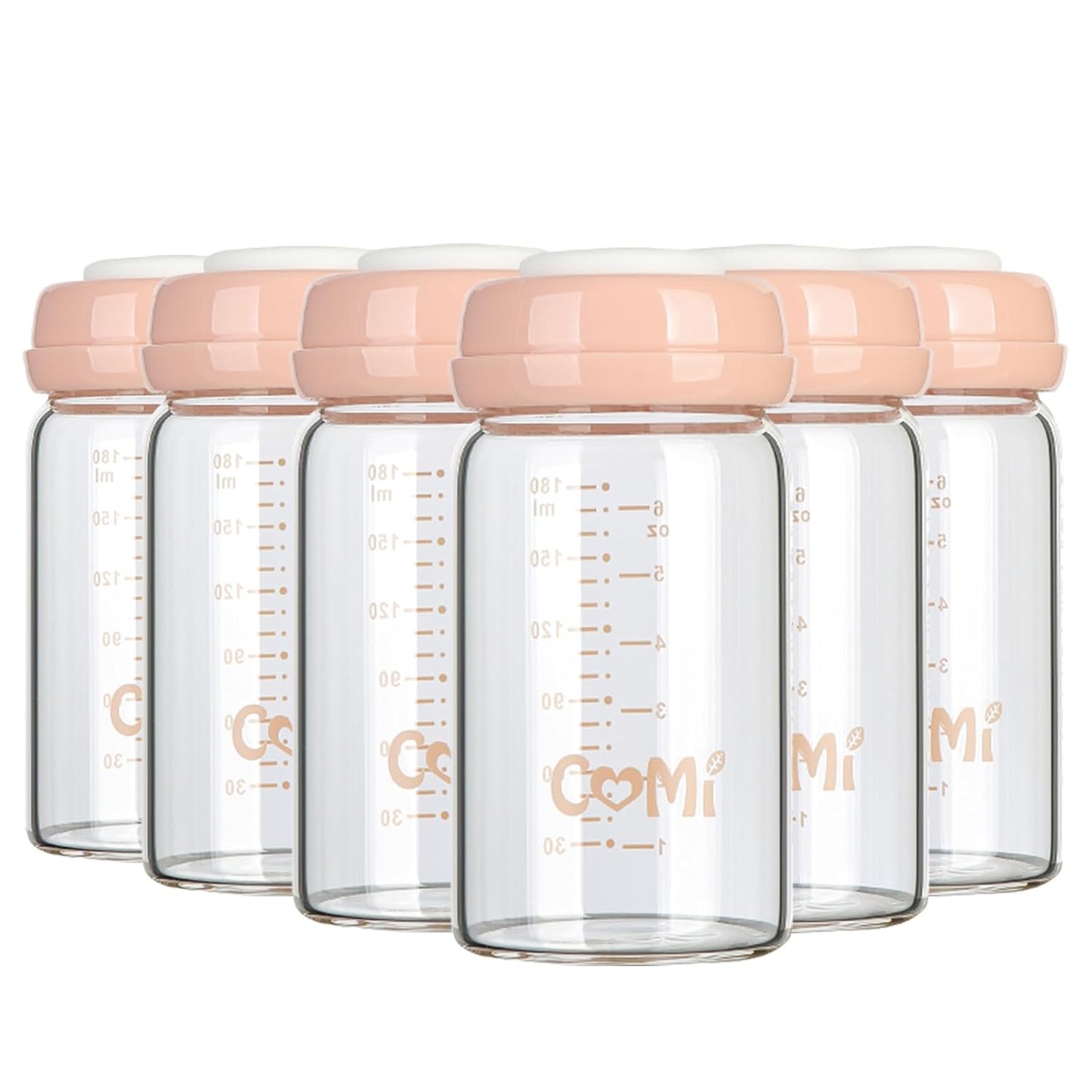 COMI Wide Neck Glass Breastmilk Collection n Storage Bottle, 6oz with Screw Ring Sealing Disk; Re-markable Sealing Disc. BPA Free, Fits Breast Pumps & Nipples (Pink Lids)