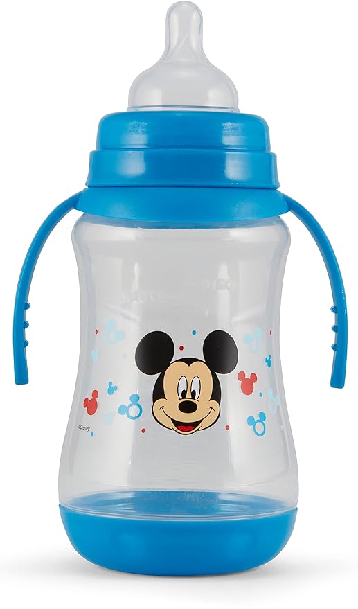 Disney 2 Pack 10 Ounce Baby Bottles with Character Prints and Colored Covers with Double Handle - BPA Free and Easy to Clean