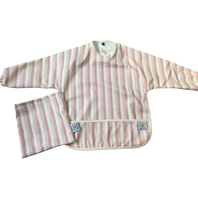 ARI MES Long Sleeves Waterproof Baby Bibs for Eating - Pink Stripes, Small - Wearable, Coverall for Toddler, Long Sleeve Bib, Smock Apron for Feeding - Applicable for 6-72 Months