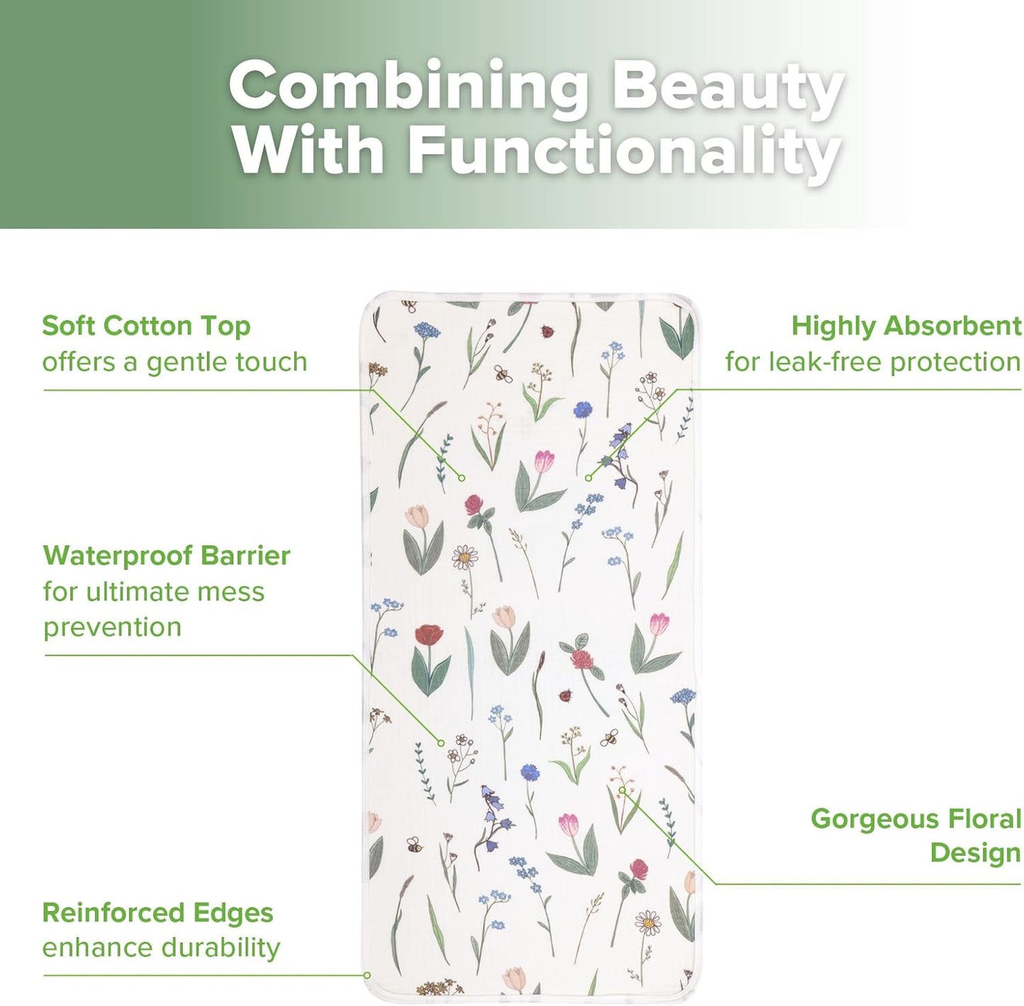 haakaa Waterproof Changing Pad Liners, 100% Cotton, Soft & Breathable (2pcs, 13" x 27.5" Honey Blossom+Vintage Garden)