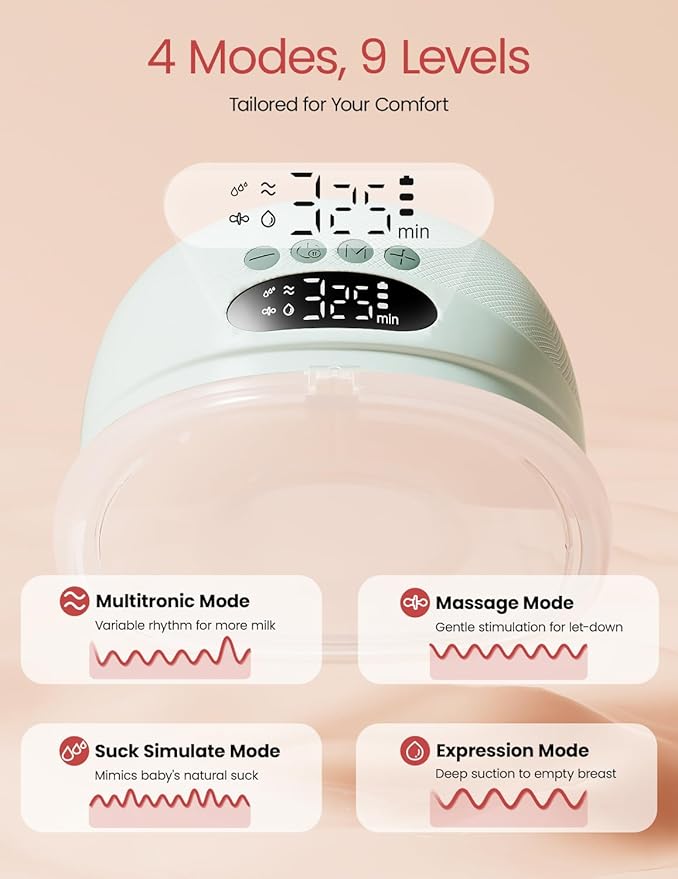 NCVI Wearable Breast Pump Hands Free, Portable Electric Breastfeeding Pump with 1400mAh Battery, Quiet Operation, Smart LED Display, 4 Modes & 9 Levels, 19/21/24mm Flanges, 2 Pack, Green