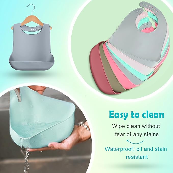 Silicone 8-Pack Bibs for Babies Toddlers Girls| Adjustable Waterproof BPA Free Soft Durable Bibs for eating with Large Pocket Food Catcher,Dishwasher Safe