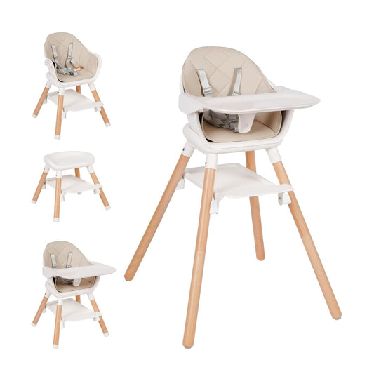 Baby High Chair, 6 in 1 Wooden Convertible High Chairs for Babies and Toddlers, Booster Seat with Double Tray & Reversible Footrest Baby Highchair, 5-Point Harness Baby Feeding Chair, Beige