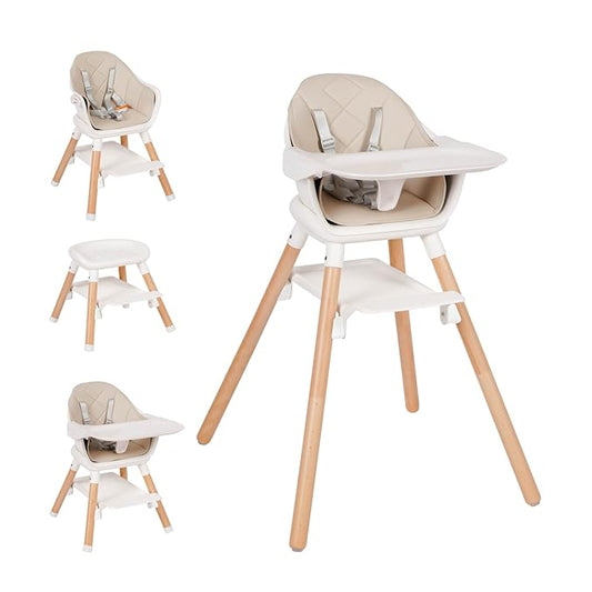 Baby High Chair, 6 in 1 Wooden Convertible High Chairs for Toddlers, Booster Seat with Double Tray & Reversible Footrest, 5-Point Harness Feeding Chair, Beige
