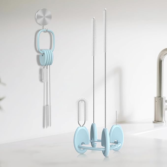 YOTIME Standing Straw Cleaner Brush Set, 4in1 Reusable Straw Brushes with Holder Ring, for Wide and Narrow Straws, Tumblers, Water Bottles and Cups, Blue