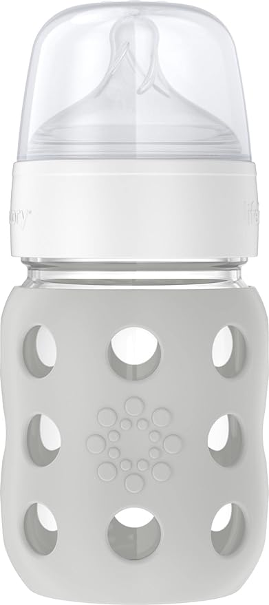 Lifefactory 8-Ounce Wide Neck Glass Baby Bottle with Protective Silicone Sleeve and Stage 2 Nipple, Stone Grey (LG2211WCG4)