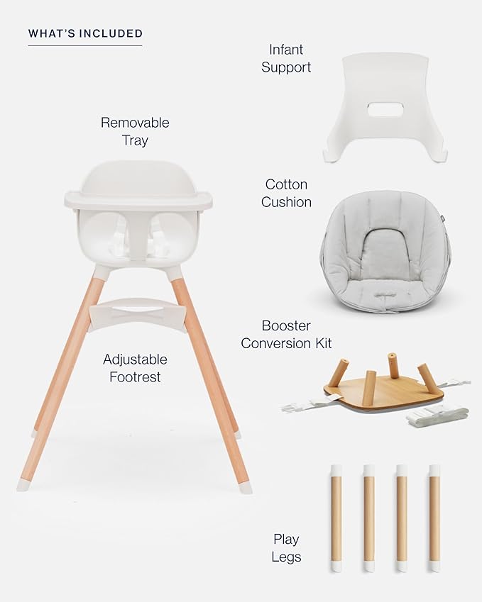 Lalo The 3-in-1 High Chair Kit - Convertible Wooden High Chair for Babies & Toddlers with Infant Support, Cushion, Booster Conversion Kit & Play Legs, Adjustable Footrest - Coconut