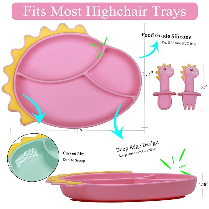 Silicone Suction Plates for Baby Toddler with Spoon Fork set Divided Dinosaurs Plates Self Feeding Training Baby Dinner Plate-Pink Dinosaurs Plate Set