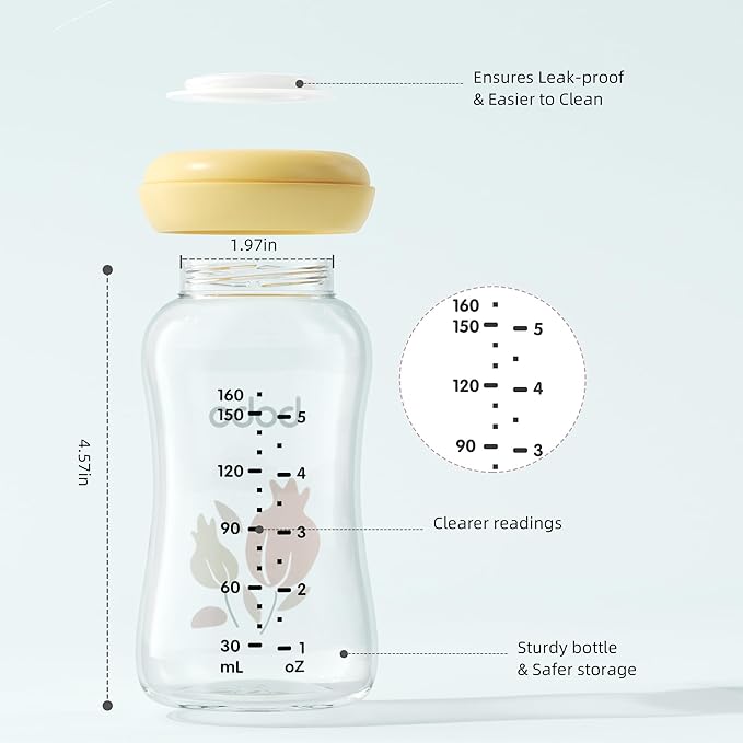 YOHKOH Glass Breast Milk Storage Bottles - 100% Leak-Proof, BPA-Free Breastmilk Storage Containers, Freezer & Dishwasher Safe, Ideal for Nursing Mothers (Yellow, 5.4oz (Pack of 4))