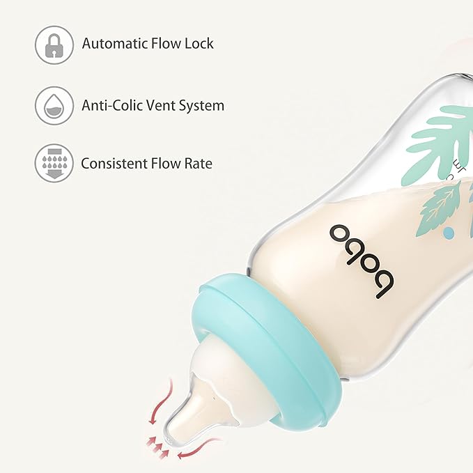 YOHKOH Natural Glass Baby Bottle with Natural Response Nipple, Newborn Anti-Colic Baby Bottles, Wide Neck Mushroom Cap Baby Bottle, Clear ((5.4oz (Pack of 4), Blue-A)