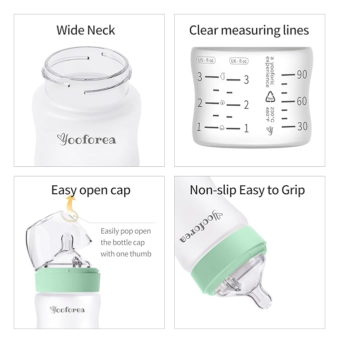 Yooforea Silicone Coated Glass Baby Bottle, 0M+ Slow Flow Nipple I Anti-Colic, Wide Neck, Stable Base I Medical-Grade Silicone Coating for Shatter Protection, BPA BPS PVC Free (2 Pack, 3 Ounce-Tea)