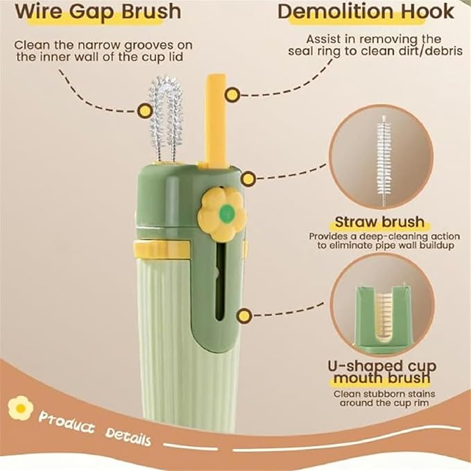 5 in 1 Bottle Cleaning Brush Set, 5‑in‑1 Multifunctional Bottle Cleaning Brush Set, Straw Cleaner Brush for Baby Bottles, Multifunctional Detachable Water Bottle Brush (2PCS Green)