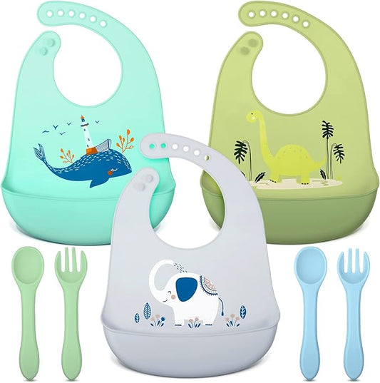 Zhanmai 3 Pack Silicone Bibs for Babies with Spoon Fork Adjustable Waterproof Rubber Feeding Bibs for Toddlers Boys Girls Kids Gifts(Vivid Style)