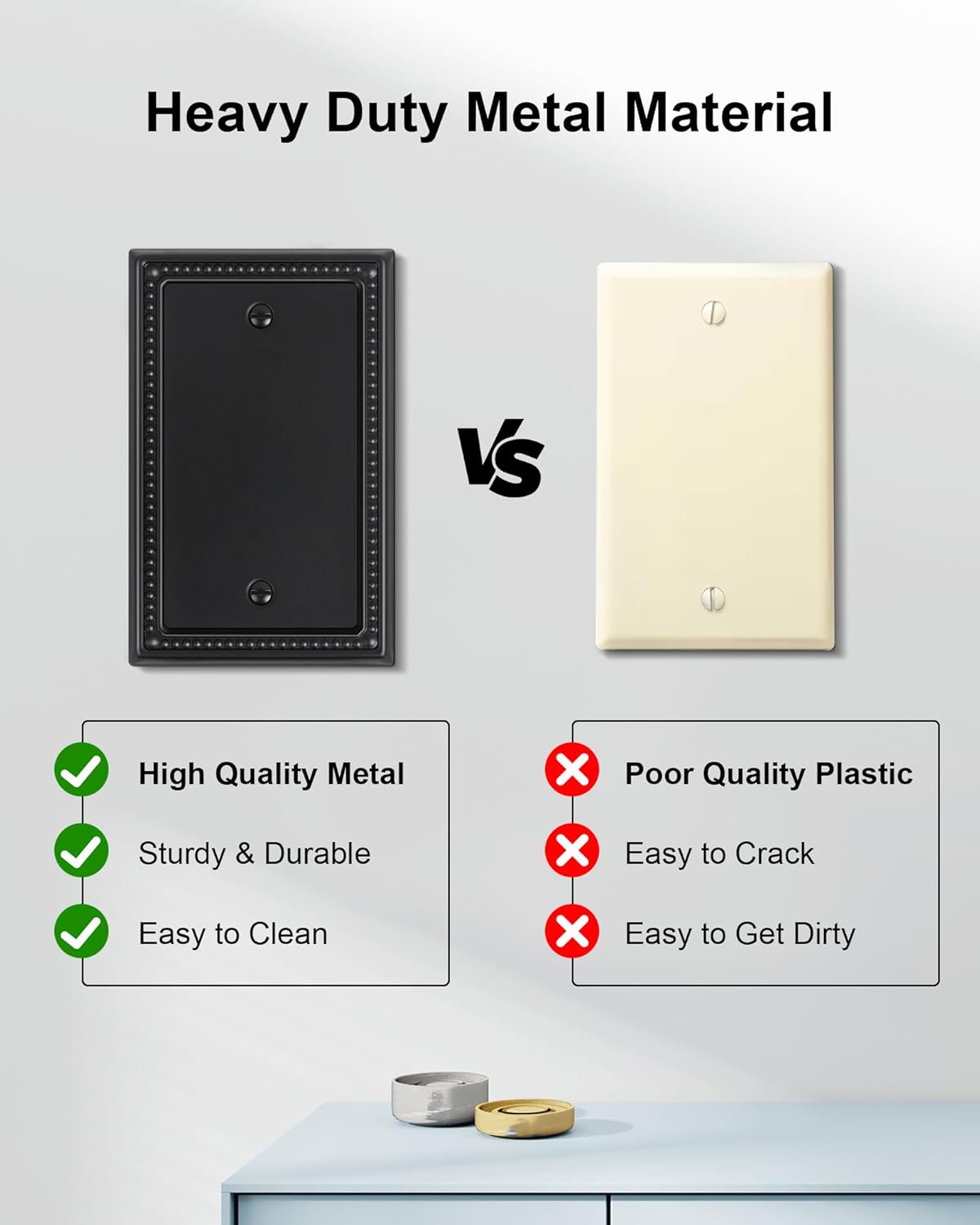 2-Pack Blank Outlet Cover Wall Plate, Metal Switch Plates Outlet Covers, Black Pearls Beaded Decorative Wall Plates for Electrical Outlets