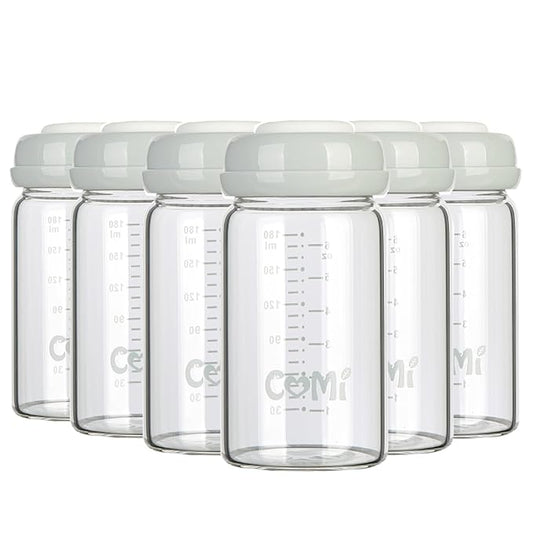 COMI Wide Neck Glass Breastmilk Collection n Storage Bottle, 6oz with Screw Ring Sealing Disk; Re-markable Sealing Disc. BPA Free, Fits Breast Pumps & Nipples (Gray Lids)