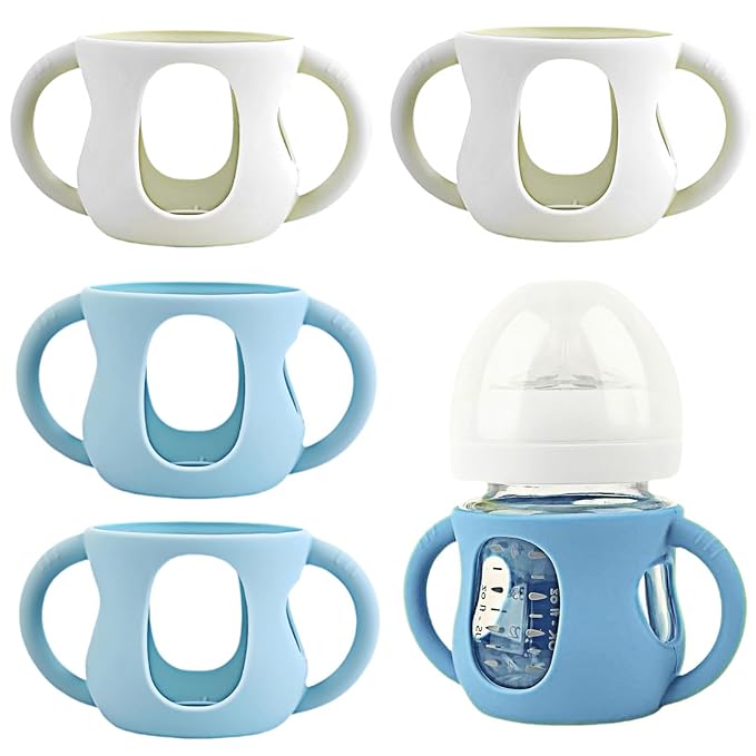 4 Pack Silicone Sleeves for Avent Natural Glass Baby Bottles, Silicone and Easy-Grip Handles for Drop Protection, Compatible with Philips Avent 4/8 OZ Glass Bottle (2 White+2 Blue, 4 OZ)