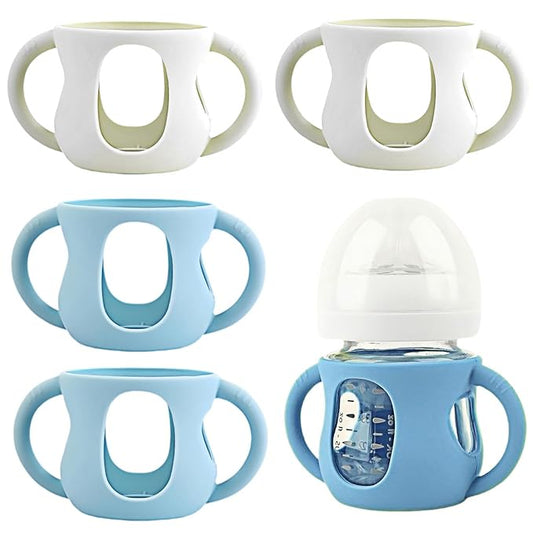4 Pack Silicone Sleeves for Avent Natural Glass Baby Bottles, Silicone and Easy-Grip Handles for Drop Protection, Compatible with Philips Avent 4/8 OZ Glass Bottle (2 White+2 Blue, 4 OZ)