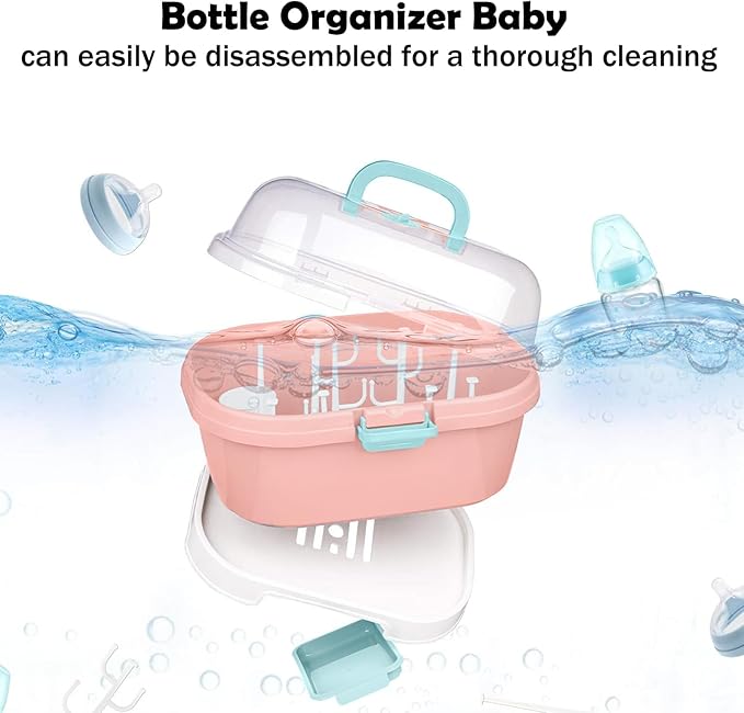 Baby Bottle Organizer for Storage, Baby Bottle Storage Large Capacity with Lid Cover Anti-Dust Protection and Cutlery Storage Drying Rack Portable Large Capacity Bottle Organizer(Pink)