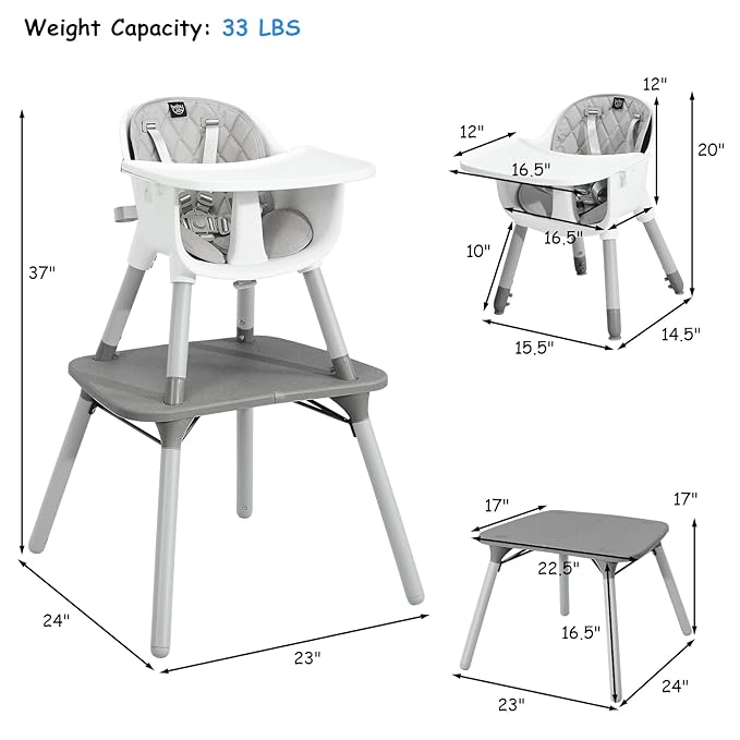 BABY JOY High Chair, 5 in 1 Convertible Highchair for Babies & Toddlers | Booster Seat | Table and Chair Set | Infant Feeding Chair with Removable Tray, Safety Harness, Removable Cushion (Gray)
