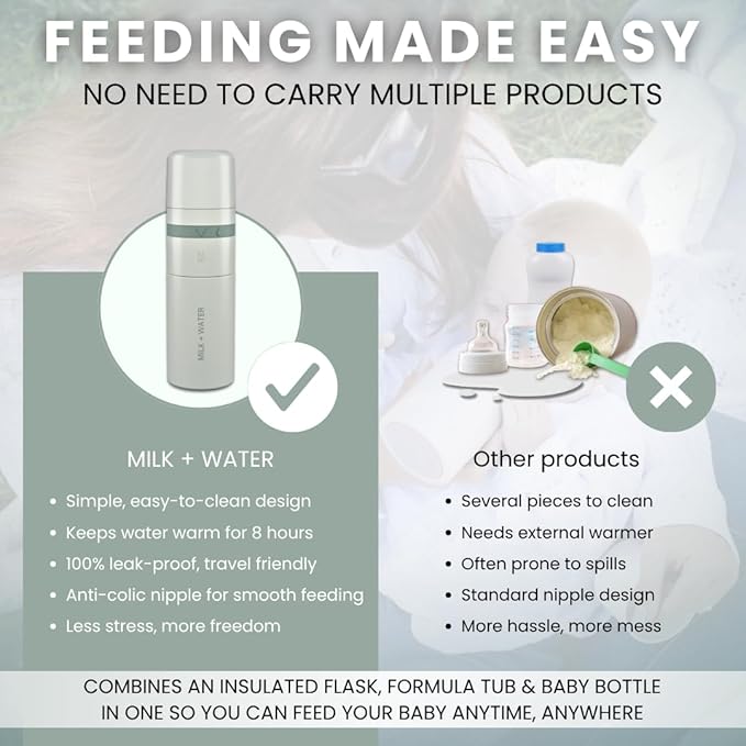 MILK & WATER All in One Baby Bottle & Baby Formula Dispenser On The Go, 9oz - Keeps Water Warm & Formula Fresh - Baby Formula Mixing Bottle with Anti Colic Nipple - Leak-Proof - 3+ Months (Green)