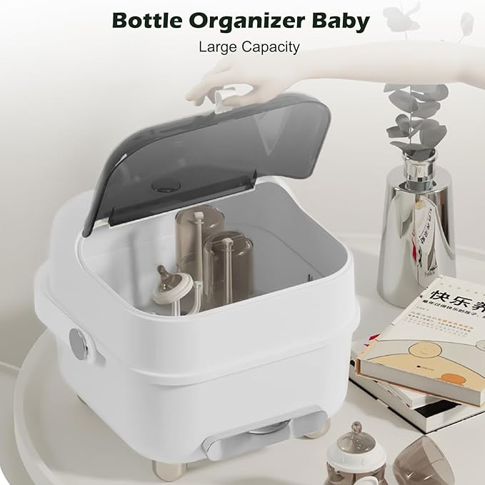 Baby Bottle Organizer for Storage, Large Capacity Baby Bottle Storage with Lid Cover Anti-Dust Protection and Cutlery Storage Drying Rack Bottle Organizer(Light Blue)