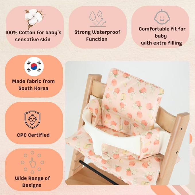 Waterproof & Compatible Stokke Tripp Trapp Cushion Set - Easy to Clean - Made Fabric from Korea - 100% Cotton Stokke Tripp Trapp High Chair Cushion Set (Peach Bunny)