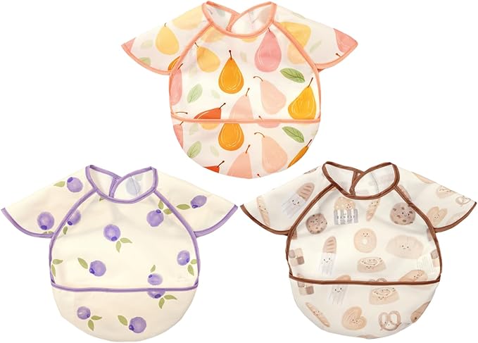 Feeding Bibs for Baby,3 Pack-Waterproof & Easy Clean Feeding Bibs for Toddlers & Infant,Reversible Pockets