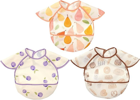 Feeding Bibs for Baby,3 Pack-Waterproof & Easy Clean Feeding Bibs for Toddlers & Infant,Reversible Pockets