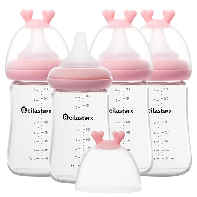 Glass Baby Bottles with Natural Response Nipple Size M - Anti Colic Baby Bottles Wide Neck Slow Flow Baby Bottle(Red, 8oz (Pack of 4))
