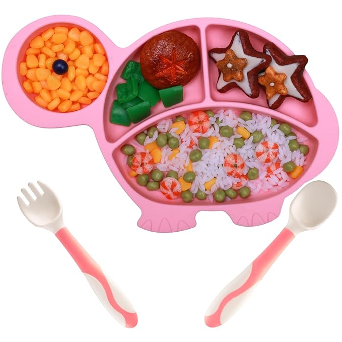 Silicone Suction Plate spoon fork sets for Toddlers,Divided Plate Dish Placemat Bowl for Baby Kids Infant Self Feeding Training，Fits Most Highchairs, BPA Free Microwave Dishwasher Safe-Pink