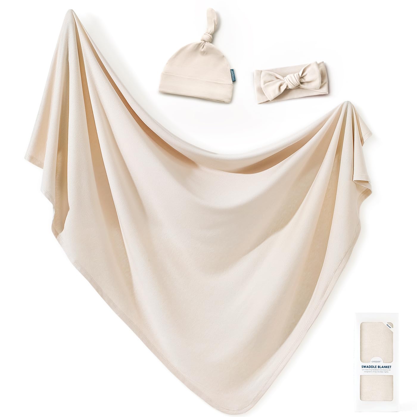 GRSSDER Newborn Swaddle Blanket, Ultra Soft Jersey Receiving Blanket with Matching Headband and Beanie Set 33×44", Stretchy Baby Neutral Swaddle Wrap for Girls and Boys