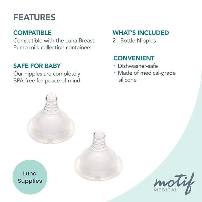 Motif Medical Replacement Slow Flow Nipples for Luna Baby Bottle - Dishwasher-Safe, Silicone Newborn Bottle Nipples - Baby Bottle Nipples for Comfortable Feeding (2 Nipples Included)