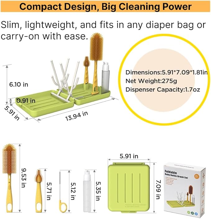 Travel Bottle Cleaner kit, 6in1 Baby Toddler Travel Essential Silicone Bottle Brush Set, Baby Bottle Soap Dispense, Drying Rack, Nipple, Straw Breast Pump Cleaning, Storage Case, Gift for Moms (Green)